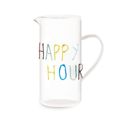 Brocca cocktail trasparente con scritta HAPPY HOUR in vetro colorato