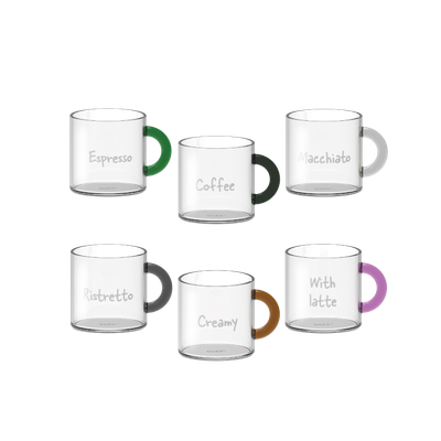 Set 6 tazzine da caffè in vetro borosilicato con manico colorato e scritta decorativa