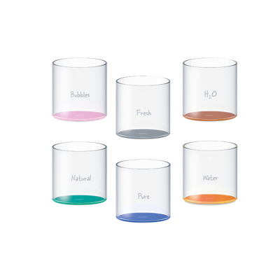 Set 6 bicchieri colorati in vetro borosilicato con scritta decorativa e fondo colorato