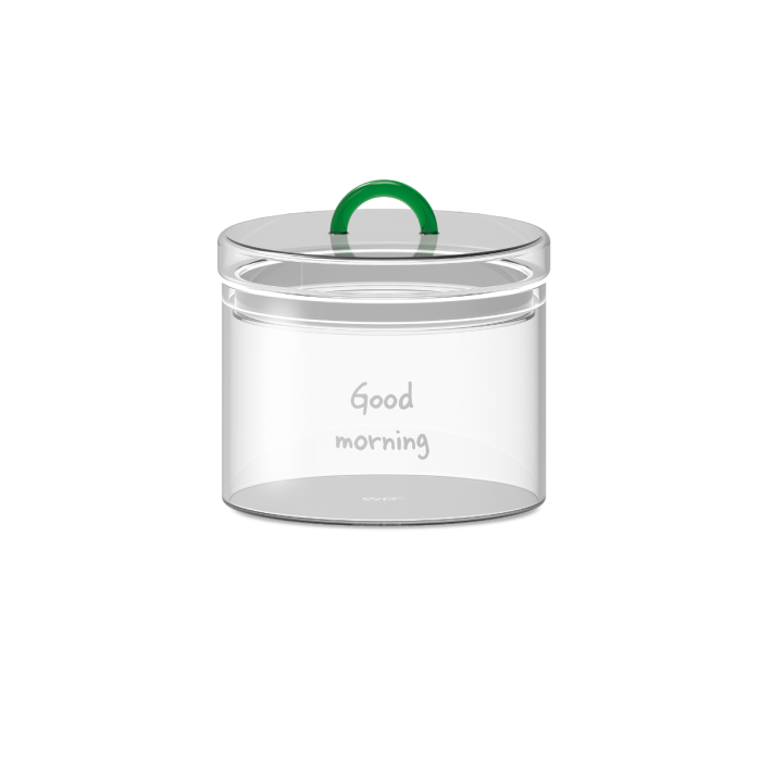 Barattolo in vetro borosilicato con tappo ermetico, manico verde e scritta decorativa "Good morning"