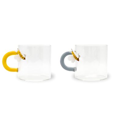 Set 2 tazzine in vetro con manico colorato e decoro esterno in vetro colorato con figura Ape