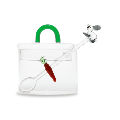 Zuccheriera in vetro con cucchiaino e decori in vetro colorato con figura Coniglio e Carota