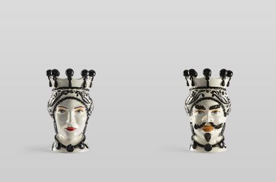 Coppia Teste Di Moro lucide decoro acanthus nero 15 cm. Ceramica Bevilacqua