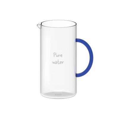 Caraffa in vetro borosilicato, manico blu e scritta decorativa "Pure water"