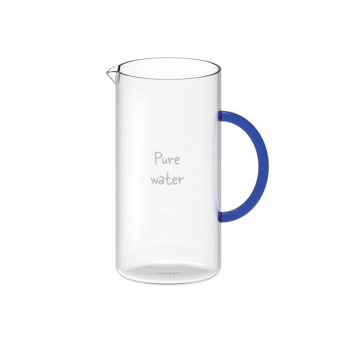 Caraffa in vetro borosilicato, manico blu e scritta decorativa "Pure water"