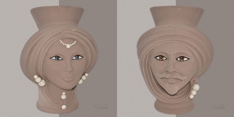 Coppia Teste di Moro corona liscia con perline madreperla colore tortora opaco h.cm.30 Ceramica Sofia Coppia Teste di Moro corona liscia con perline madreperla colore tortora opaco h.cm.30 Ceramica Sofia