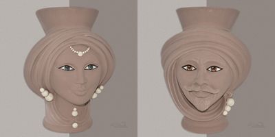 Coppia Teste di Moro corona liscia con perline madreperla colore tortora opaco h.cm.30 Ceramica Sofia Coppia Teste di Moro corona liscia con perline madreperla colore tortora opaco h.cm.30 Ceramica Sofia