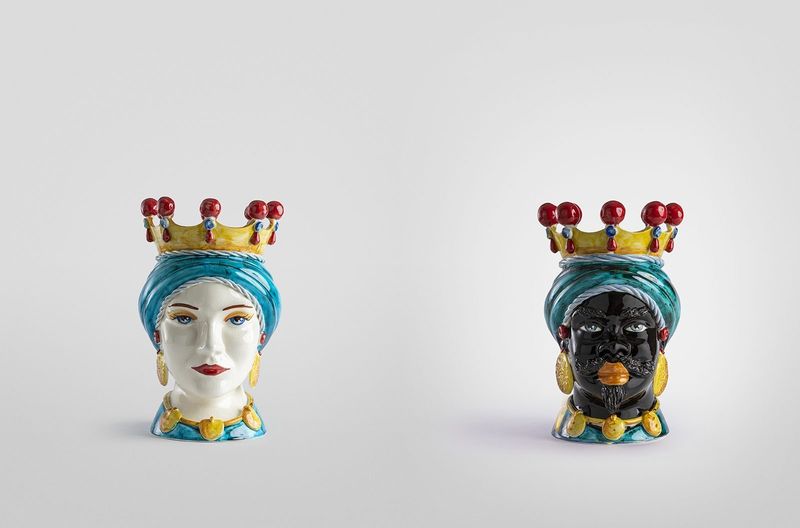 Coppia Teste Di Moro lucide decoro turbante unica tinta ottanio 15 cm. Ceramica Bevilacqua