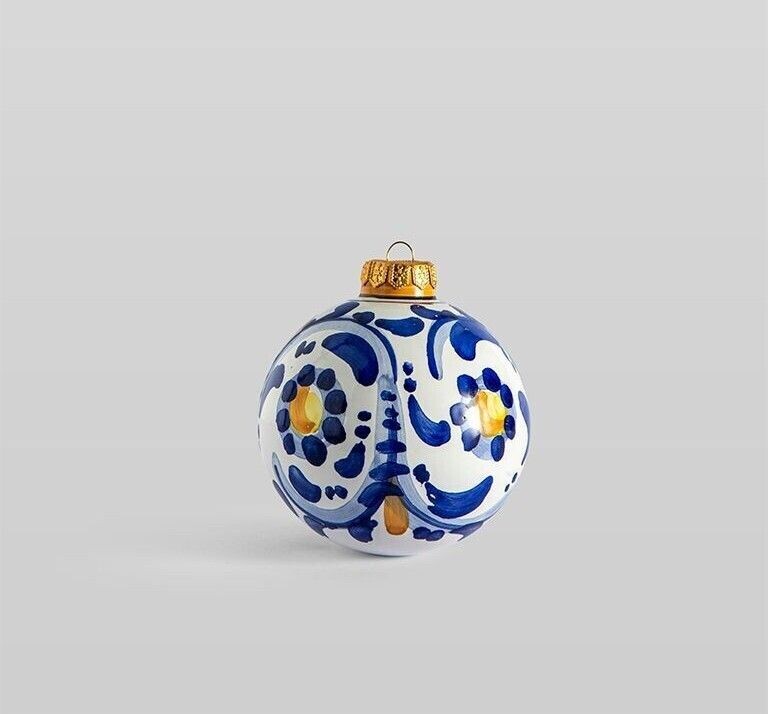 Palla di Natale lucida decorata seicento blu  Ø 9 cm. Ceramica Bevilacqua