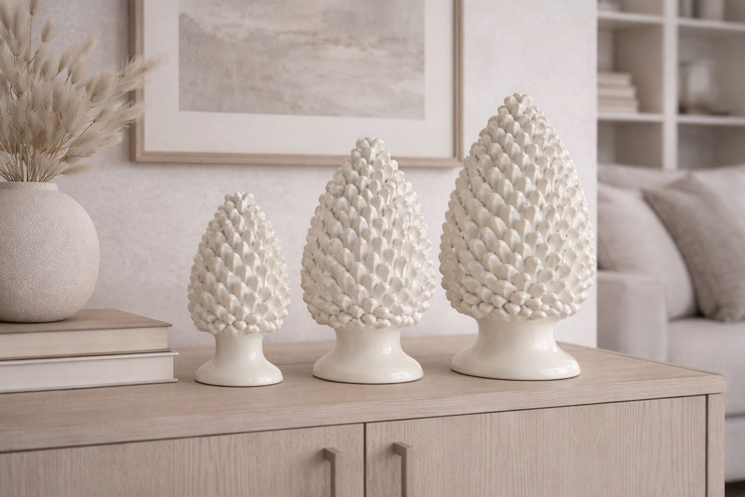 Set 3 Pigne bianche cm. 25, 30, 35 Ceramica Bevilacqua