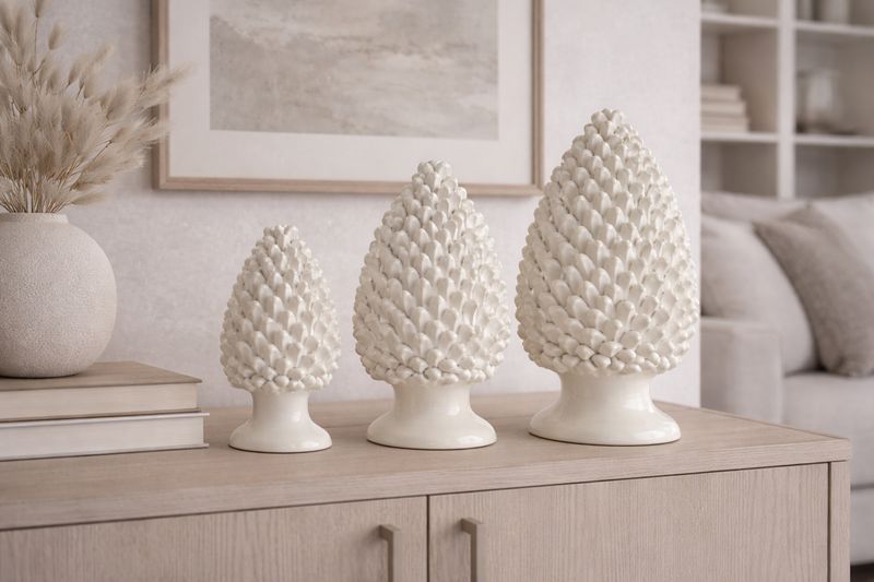 Set 3 Pigne bianche cm. 25, 30, 35 Ceramica Bevilacqua