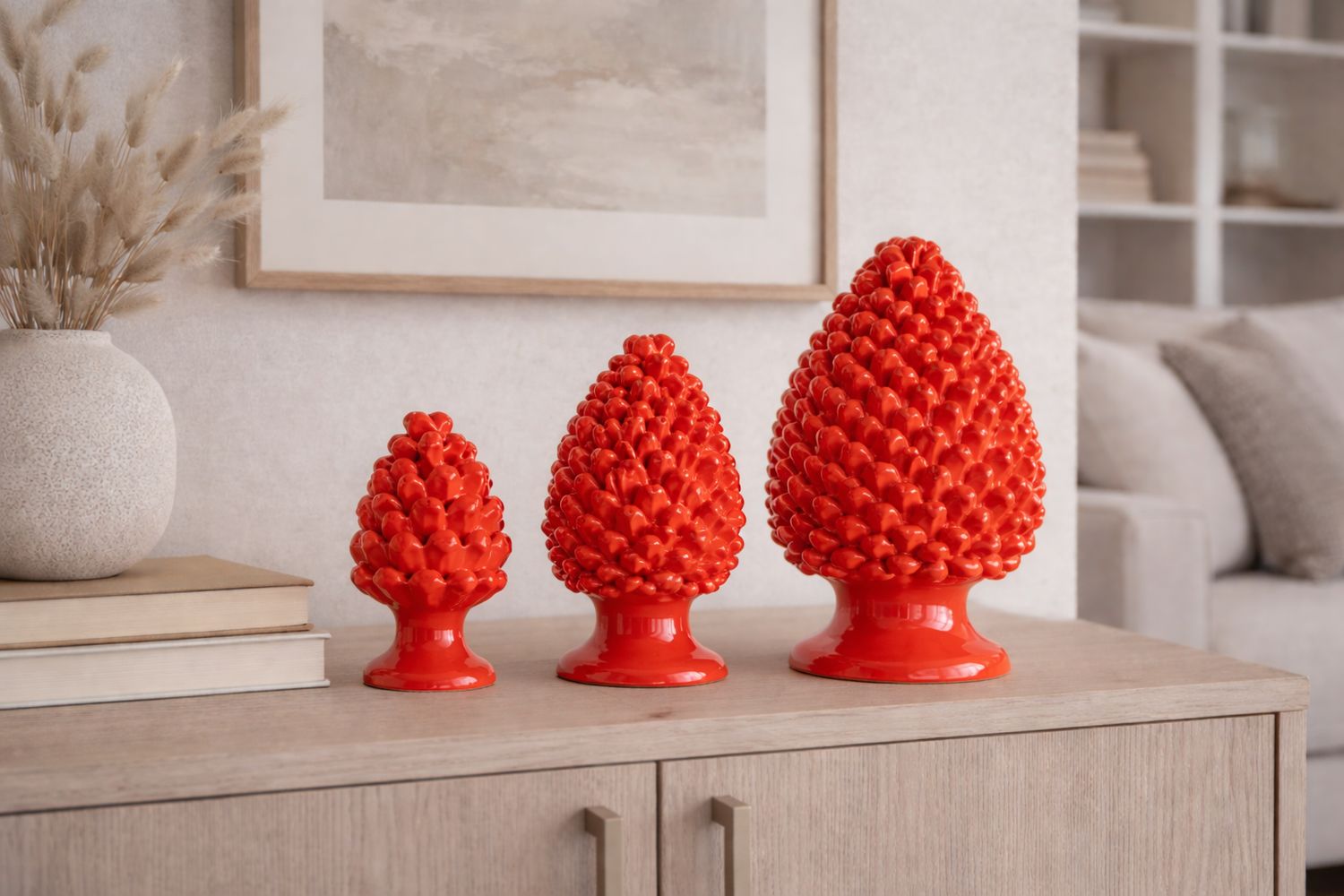 Set 3 Pigne Rosse cm. 10, 15, 20 Ceramica Bevilacqua