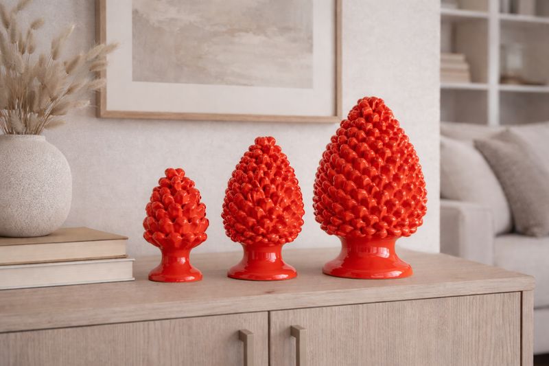 Set 3 Pigne Rosse cm. 10, 15, 20 Ceramica Bevilacqua