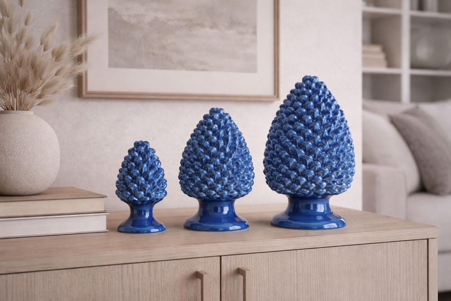 Set 3 Pigne Blu Antico cm. 10, 15, 20 Ceramica Bevilacqua