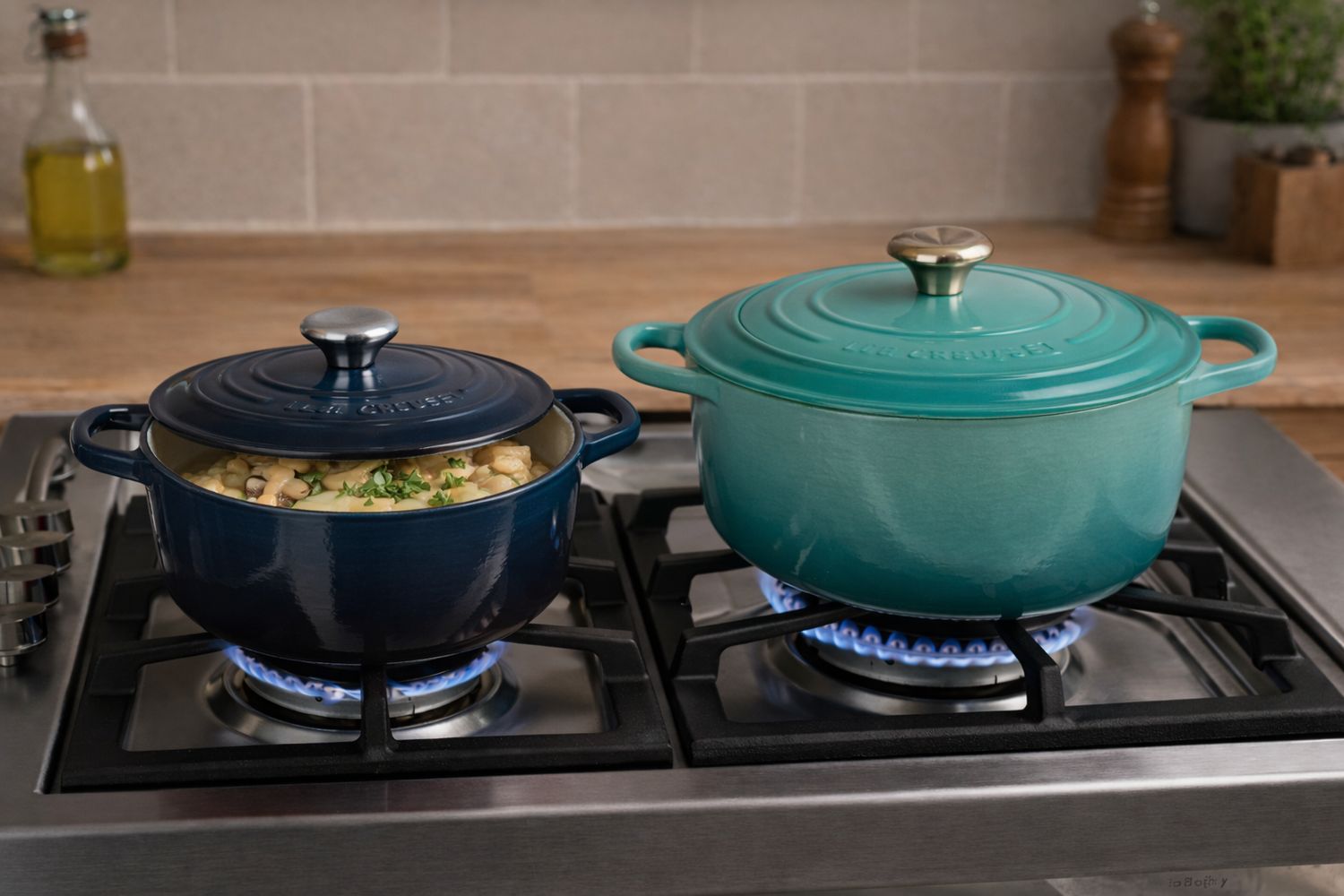 Set 2 Cocotte rotonde Evolution in ghisa vetrificata cm. 24 Blu Nuit e cm.26 Blu Riviera - Le Creuset