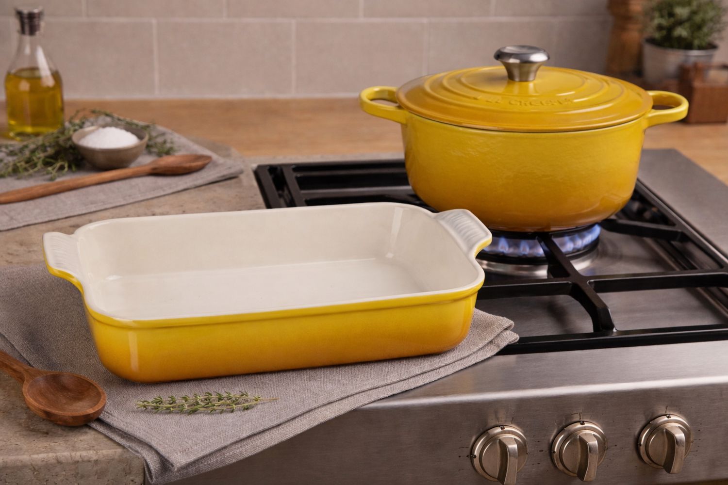 Set Cocotte rotonda Evolution in ghisa vetrificata cm. 24 Blu e Pirofila 32x25 rettangolare Tradition Giallo Nectar - Le Creuset Set Cocotte rotonda Evolution in ghisa vetrificata cm. 24 Blu e Pirofila 32x25 rettangolare Tradition Giallo Nectar - Le Creuset