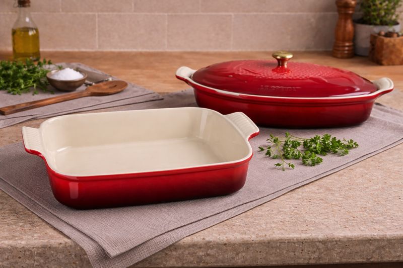 Set Pirofila rettangolare 32x25 e Pesciera Tradition in gres vetrificato Rosso Ciliegia - Le Creuset