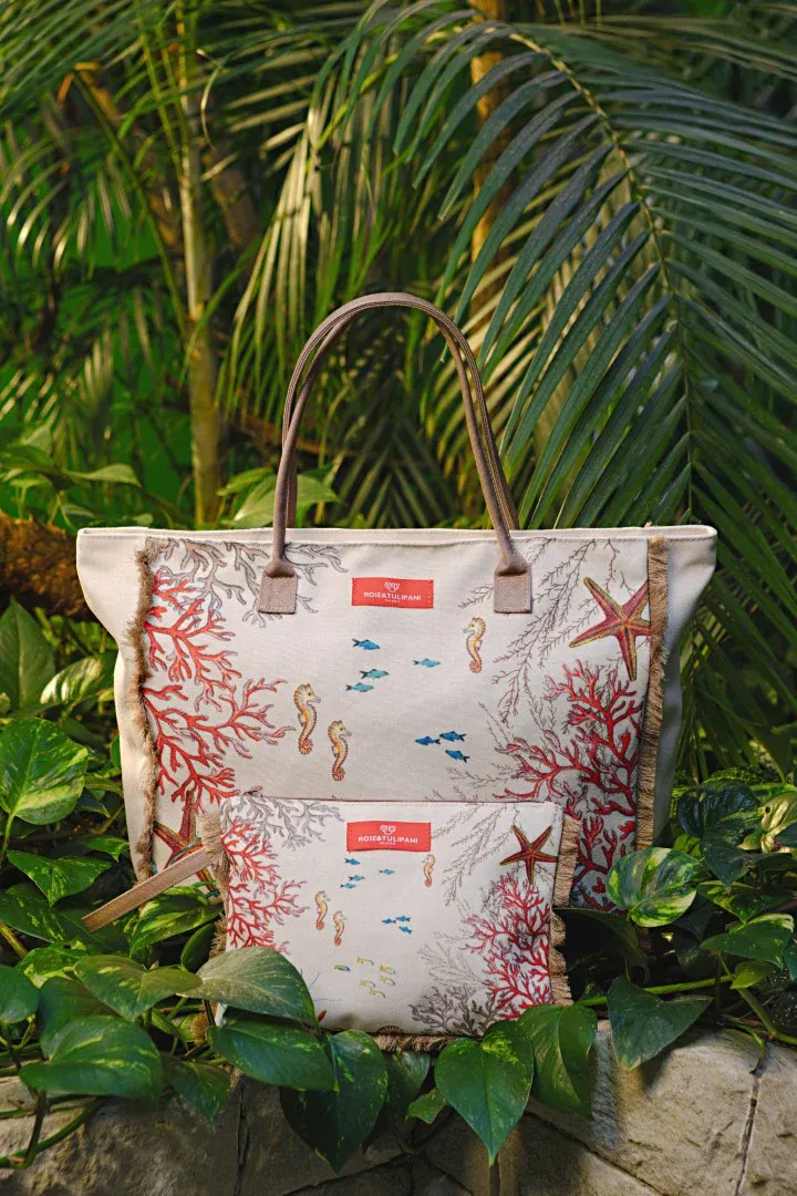 Borsa + pochette tessuto Sealife