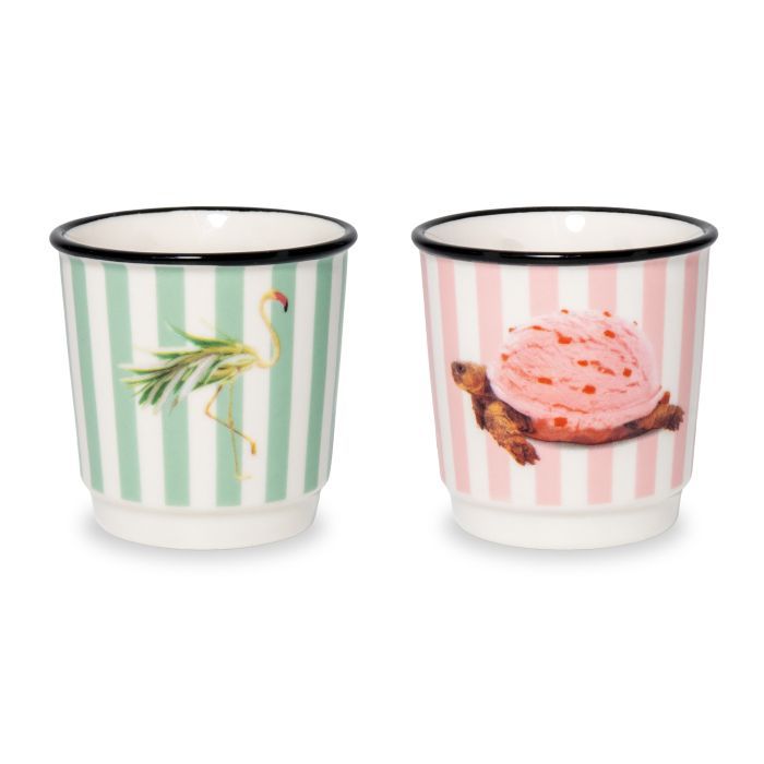 Set 2 bicchierini caffè. Decoro fenicottero e tartaruga.