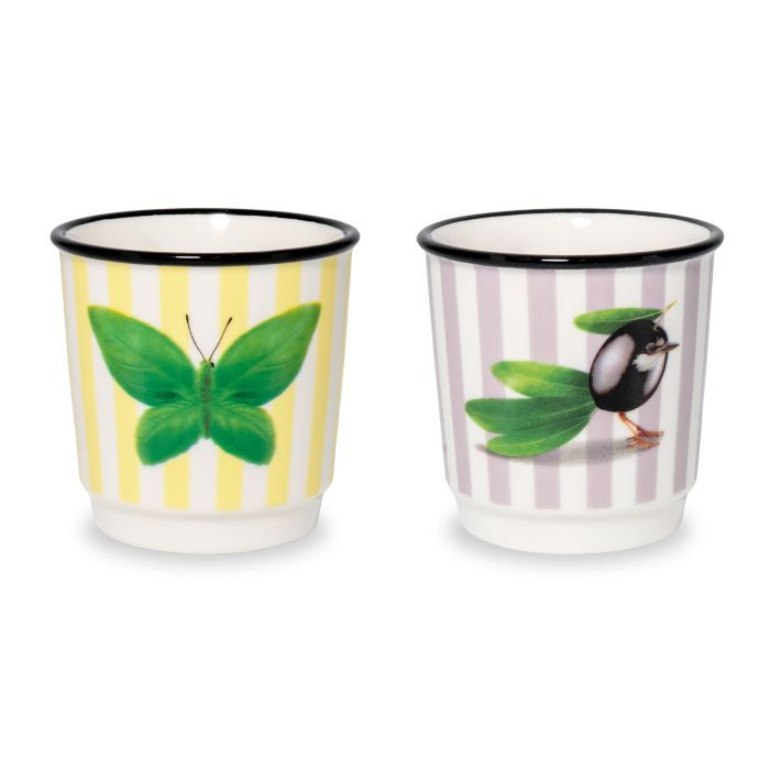 Set 2 bicchierini caffè. Decoro farfalla e oliva. Set 2 bicchierini caffè. Decoro farfalla e oliva.