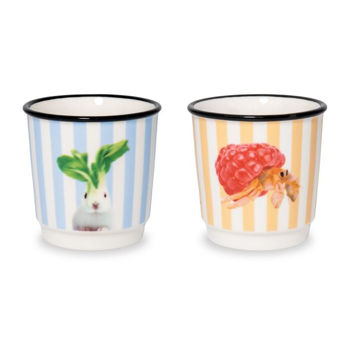 Set 2 bicchierini caffè. Decoro paguro e coniglio. Set 2 bicchierini caffè. Decoro paguro e coniglio.