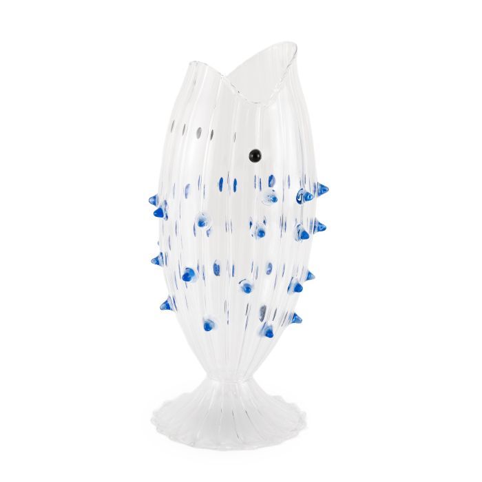 Brocca in vetro a forma di pesce. Decoro spine azzurre. Brocca in vetro a forma di pesce. Decoro spine azzurre.