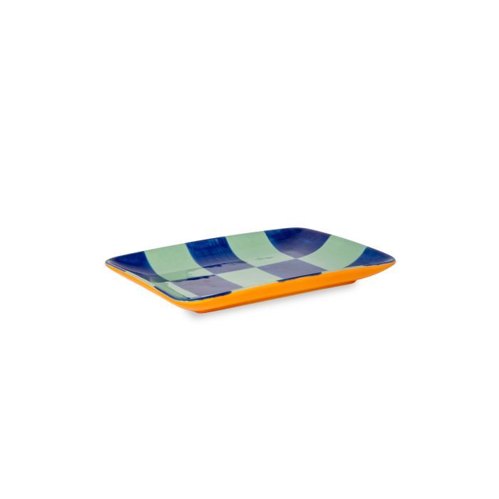 Piattino in stoneware Sintra. Versione scacchi blu e verdi.