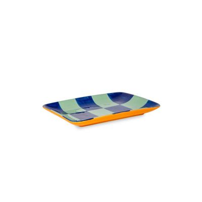 Piattino in stoneware Sintra. Versione scacchi blu e verdi.