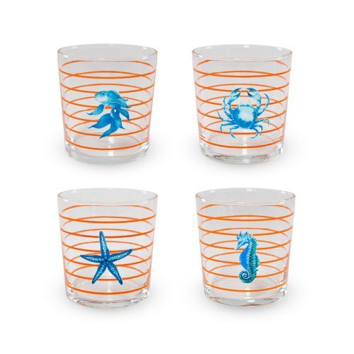 Set 4 bicchieri in vetro. Decoro Mare con righe arancioni. Set 4 bicchieri in vetro. Decoro Mare con righe arancioni.