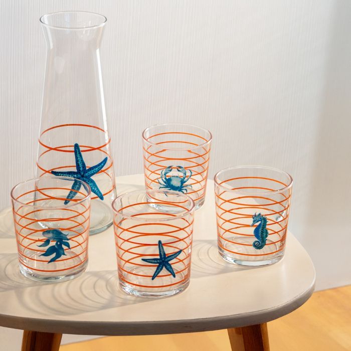 Caraffa in vetro. Decoro Mare righe arancioni