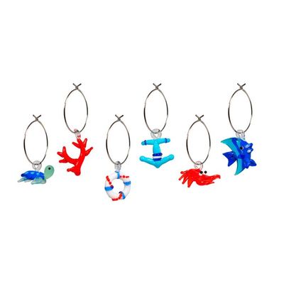 Set 6 anellini segnaposto con decoro in vetro colorato. Decorazione motivi marini.