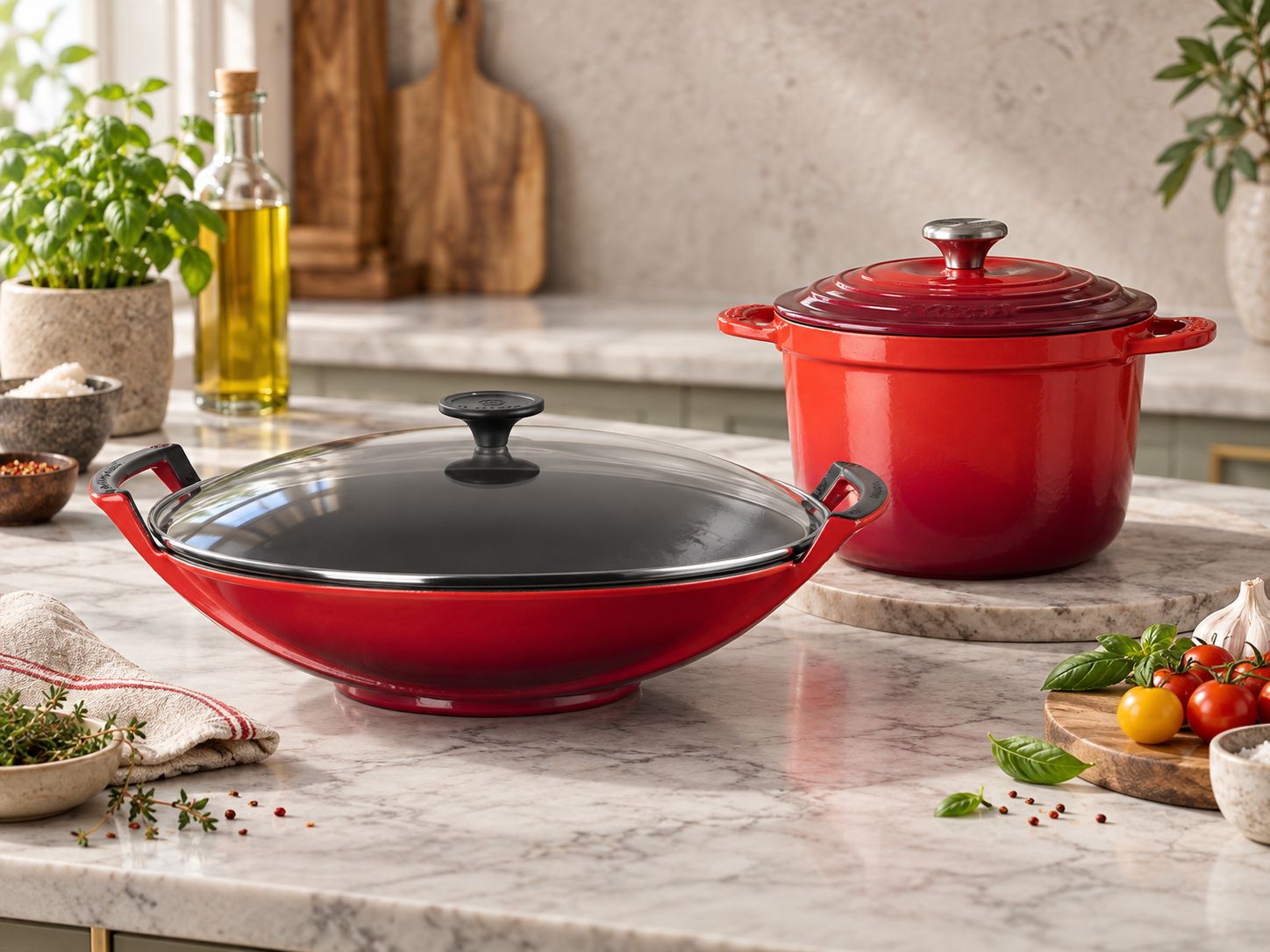 Set Le Creuset Rosso Ciliegia: Cocotte Every 18 cm + Wok in Ghisa Vetrificata 36 cm