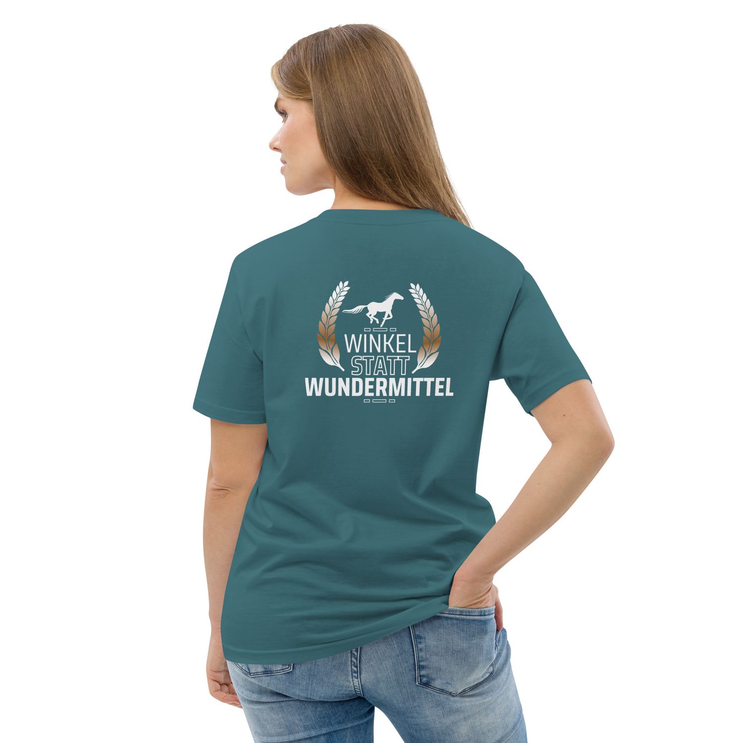 Hufguru T-Shirt Winkel statt Wundermittel - Unisex-Bio-Baumwoll-T-Shirt - Druck Vor- und Rückseite Hufguru T-Shirt Winkel statt Wundermittel - Unisex-Bio-Baumwoll-T-Shirt - Druck Vor- und Rückseite
