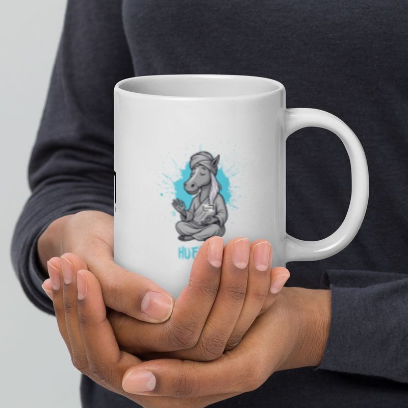 Hufguru Maskottchen - Der meditative Hufguru! Weiße, glänzende Tasse