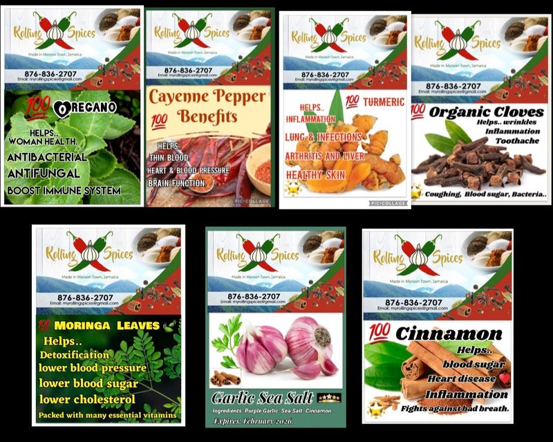 Assorted Rolling Spices Natural Herbal products. French thyme Oregano... Moringa.. Cayenne pepper.. Cloves.. Garlic Cinnamon Sea Salt.. Turmeric.. Cinnamon.