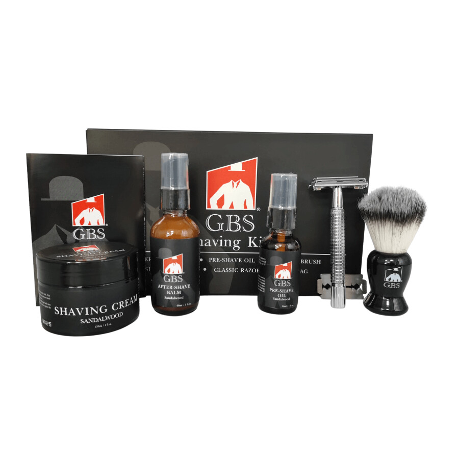GBS 6 Piece Shaving Kit - Balm, Brush, Pre-Shave, Razor, Shaving Cream, and Bag