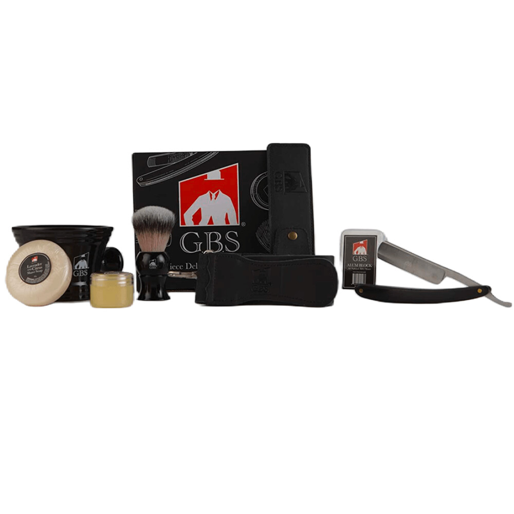 GBS 8 Piece Shaving Kit - Mug, Brush, Straight Razor, Shaving Soap, Strop, Alum Block, Strop Paste, and Case