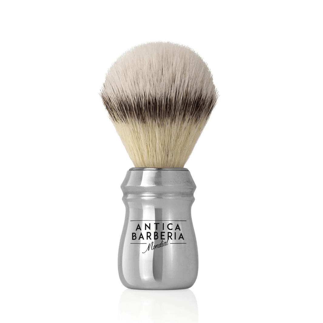 Antica Barberia Mondial Professional Lathering Brush: Silver Anodized Aluminum with Synthetic Silvertip