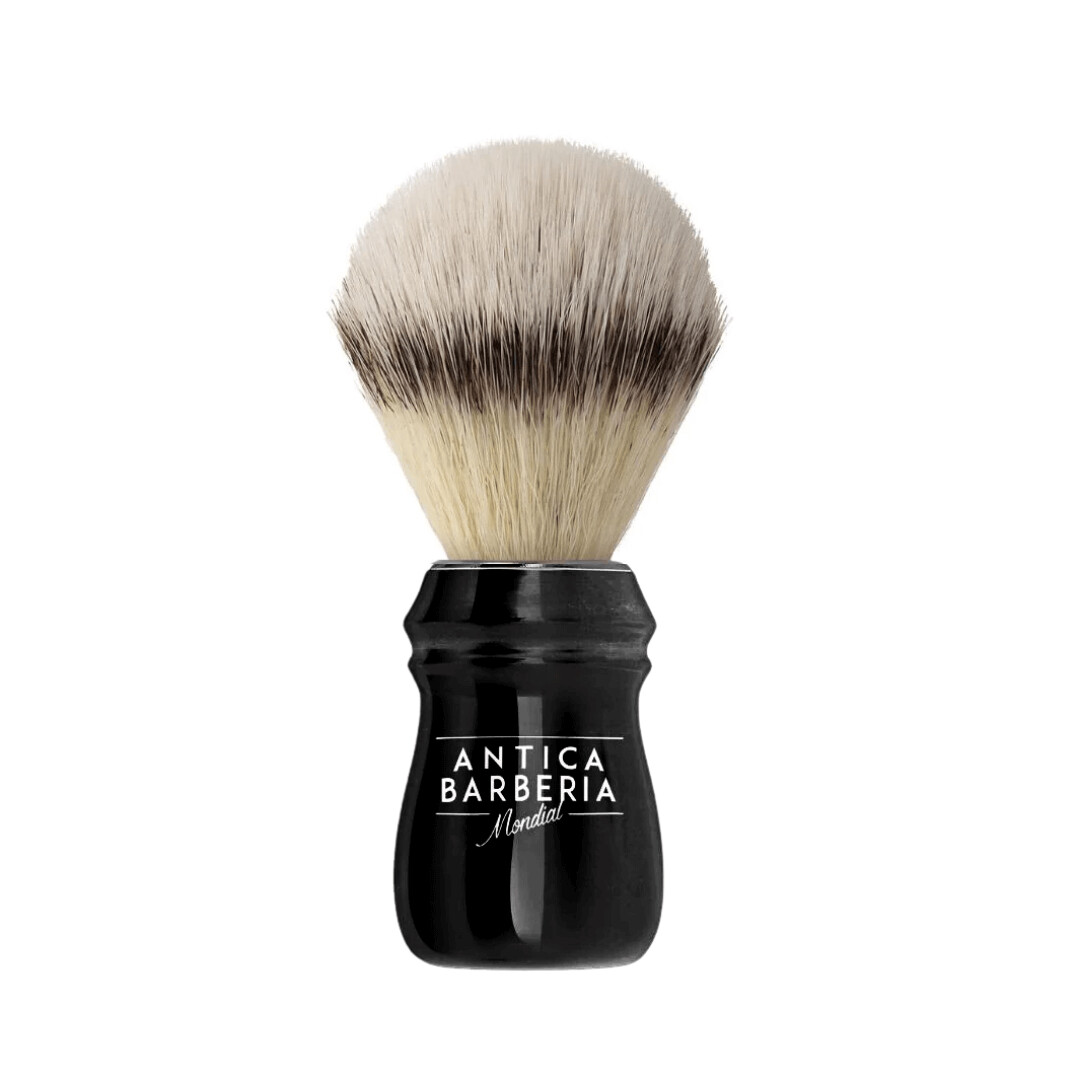 Antica Barberia Mondial Professional Lathering Brush: Black Anodized Aluminum with Synthetic Silvertip