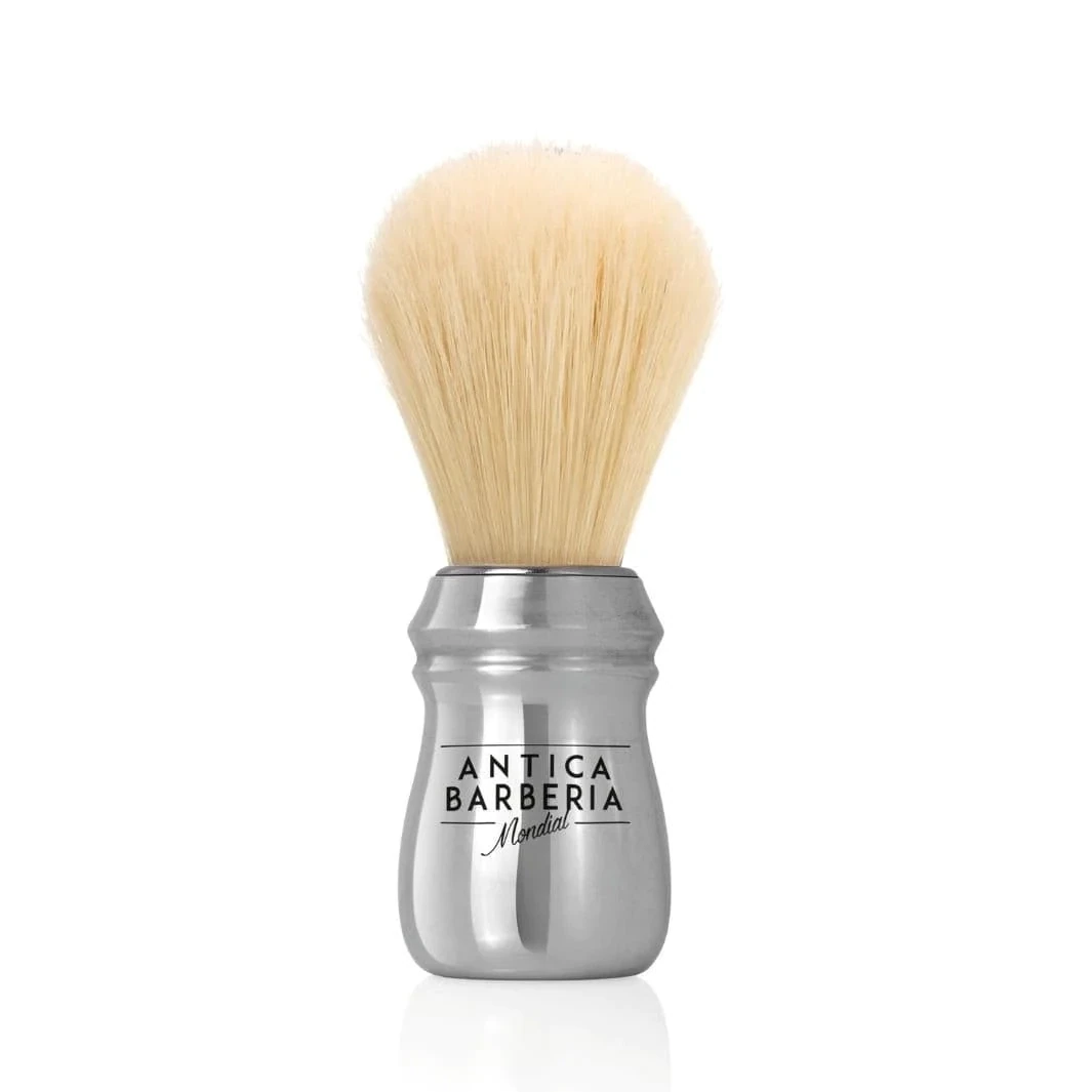 Antica Barberia Mondial Professional Lathering Brush: Silver Anodized Aluminum with Bleached Bristle
