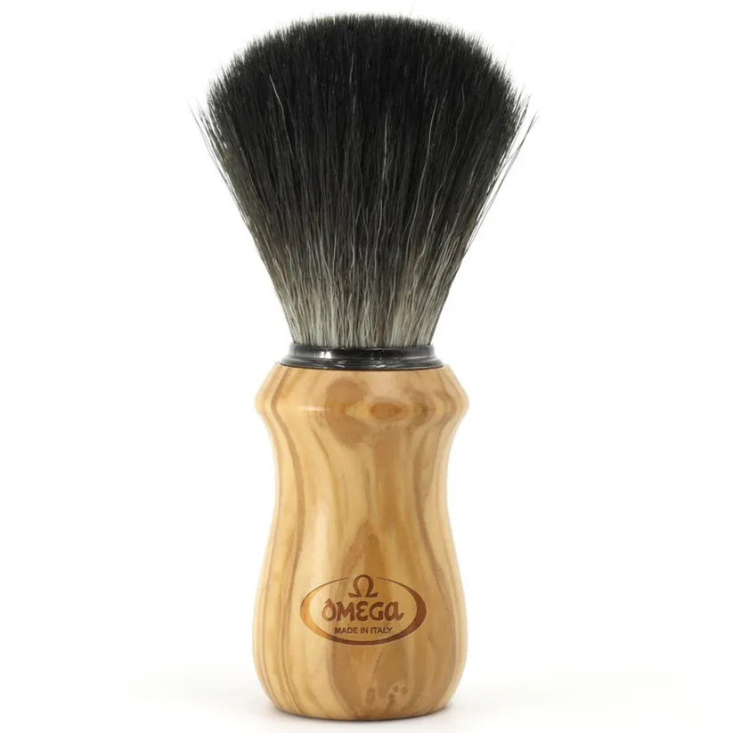 Omega Black Hi-Brush Fiber Shaving Brush Olive Wood Handle