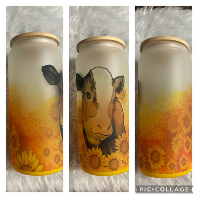 Cow With Sunflower 16 Oz Glass Ware