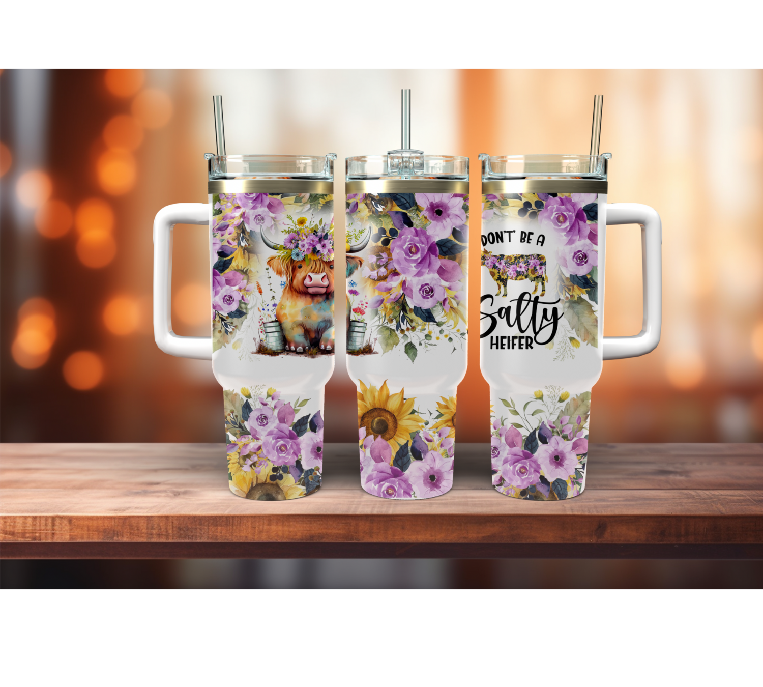 Don’t Be A Heifer Purple Floral Cow 40oz Tumbler