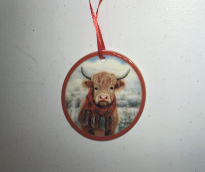 Highland Cow With Red Boarder Christmas Ornament Ceramic Light up