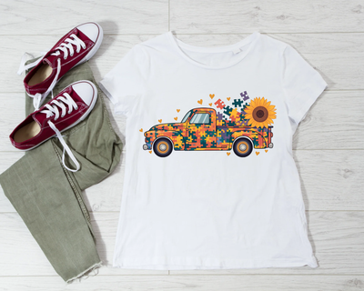 Autism Awareness Sunflower Truck 100% Cotton T Shirt