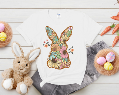 Adult Boho  Floral Bunny Easter T Shirt 100% Cotton