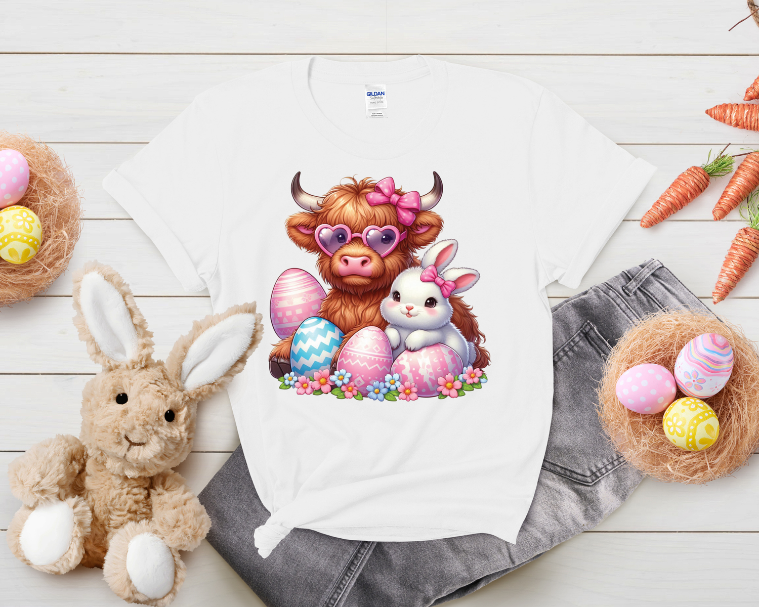 Children’s Highland Cow With Rabbit Easter 100% Cotton T Shirt