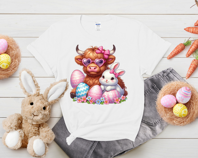 Children’s Highland Cow With Rabbit Easter 100% Cotton T Shirt