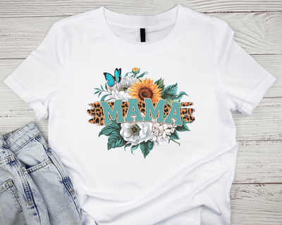 Mama Teal Sunflower Leopard Print T Shirt