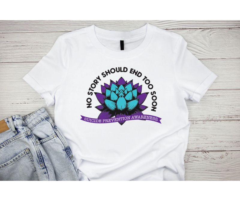 No story should end too soon suicide awareness Short or long sleeve shirt. mental health, teal purple ribbon, semicolon, prevent suicide